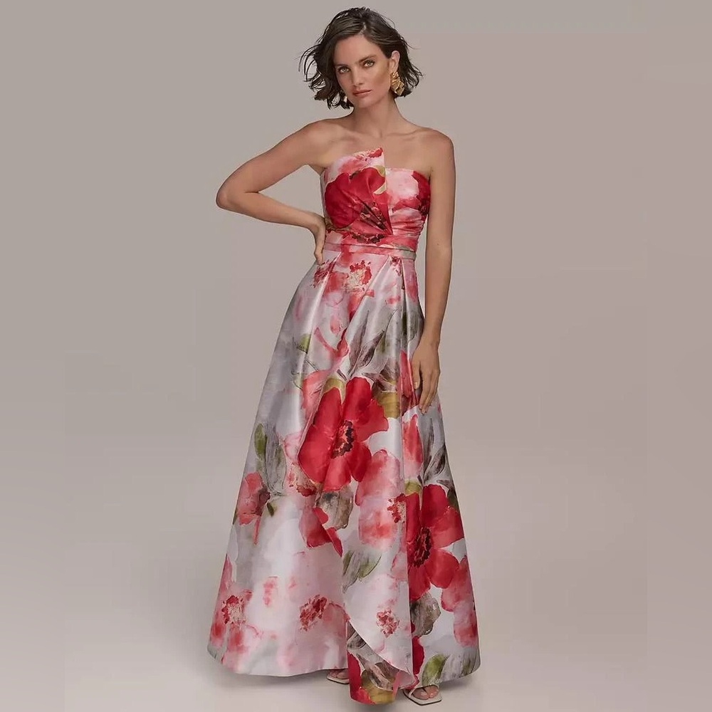 Donna Karan Strapless Floral Dress - Red and White